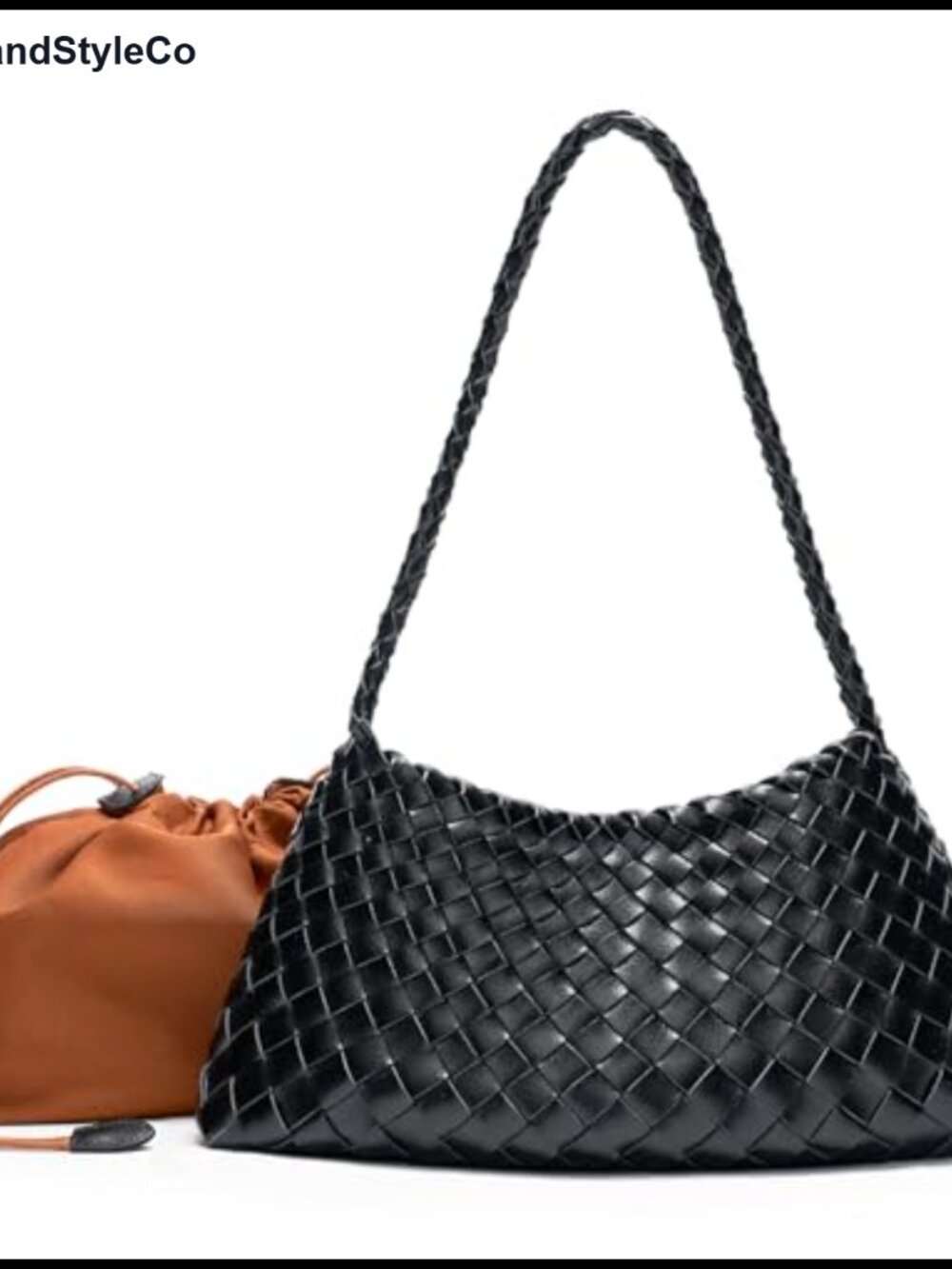 Vegan Leather Woven Hobo Shoulder Bag with Drawstring Pouch